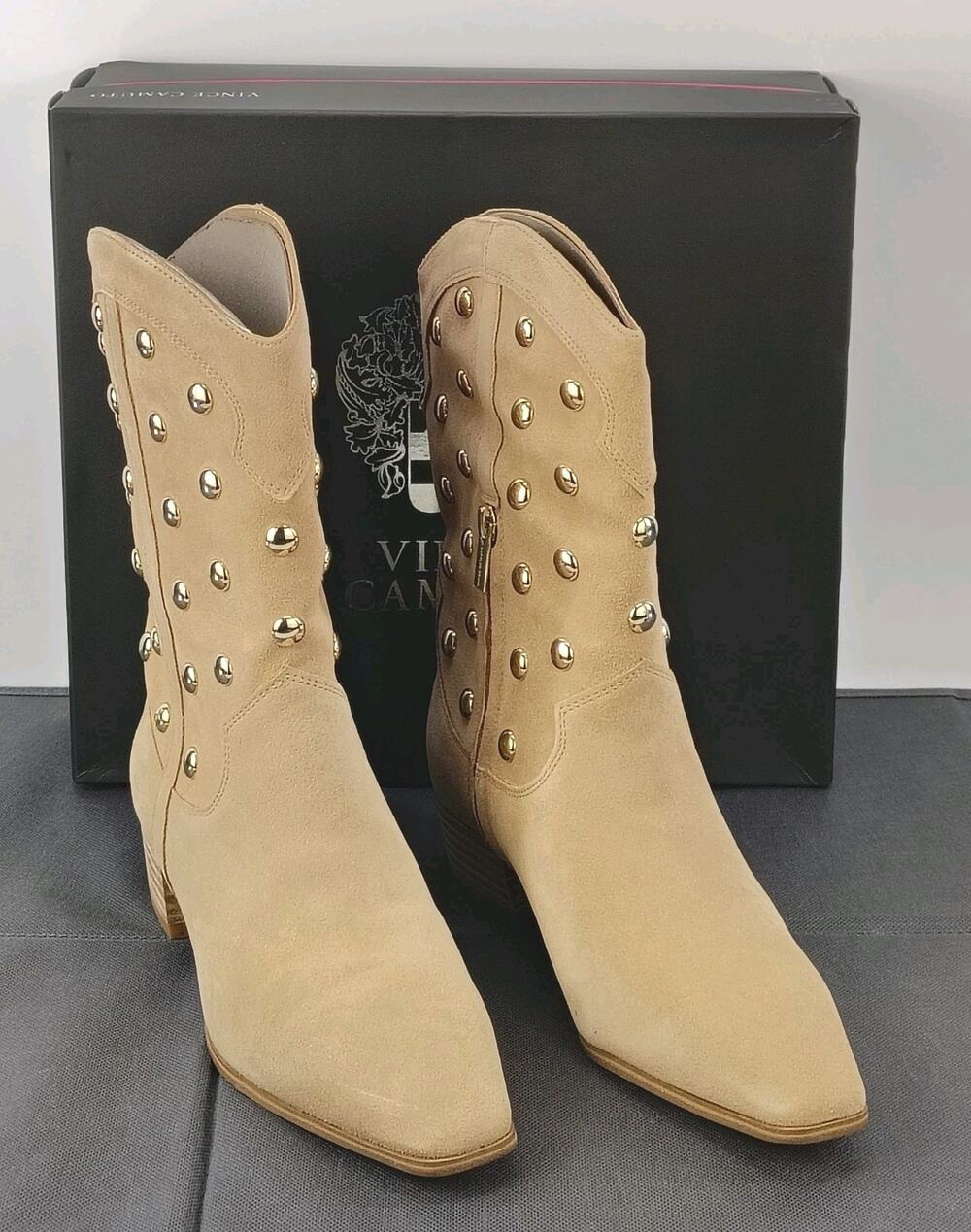 Vince Camuto Prilie Studded Western Boots Tortilla Suede Gold Studs Sz 8M